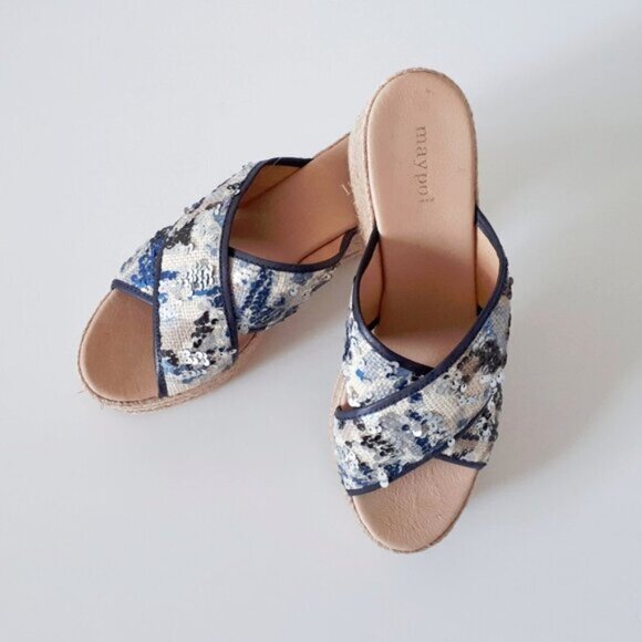 NWOT Maypol sequin & textile criss-cross strap espadrille platform wedge sandals - Picture 4 of 9